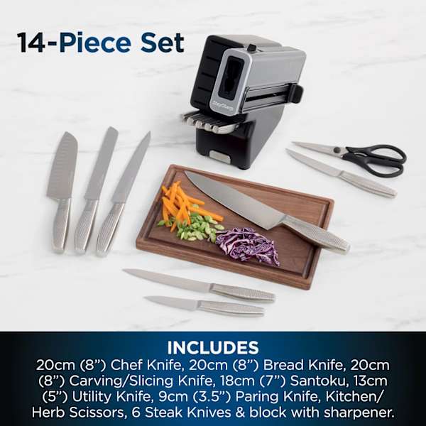 NJ - StaySharp 14-piece stainless steel knife set with steel block and built-in sharpener.